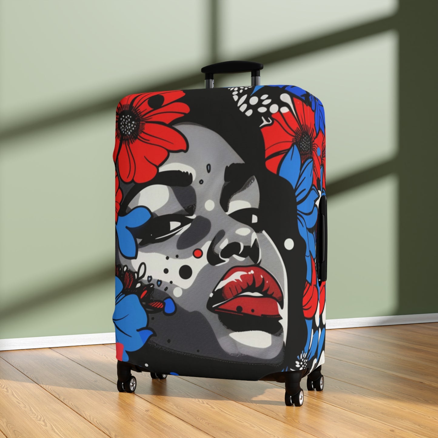 Afrocentric Floral Portrait Luggage Cover, Pop Art Streetwear Black Queen Suitcase Protector