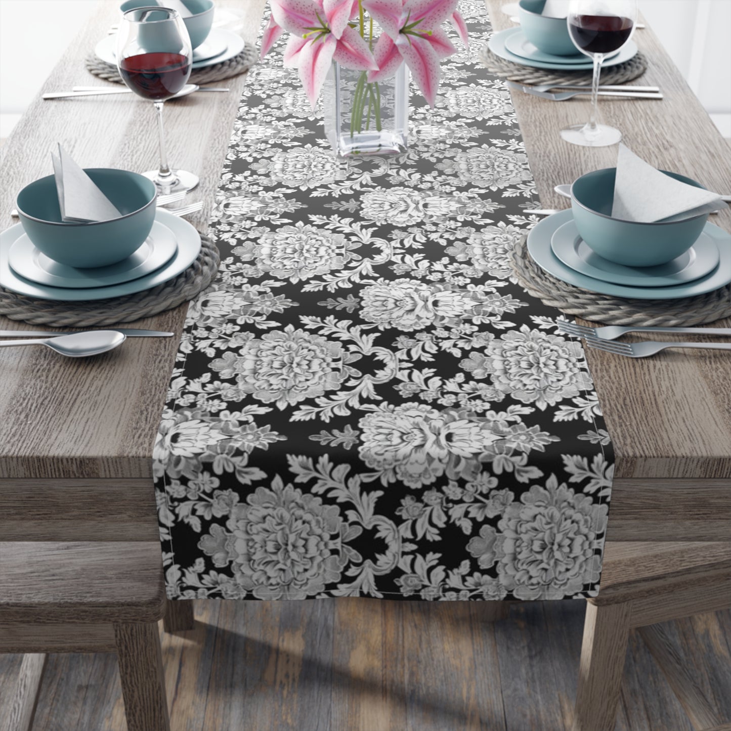 Black Floral Table Runner, Elegant Event Table Decor, Bridal Shower Decorations