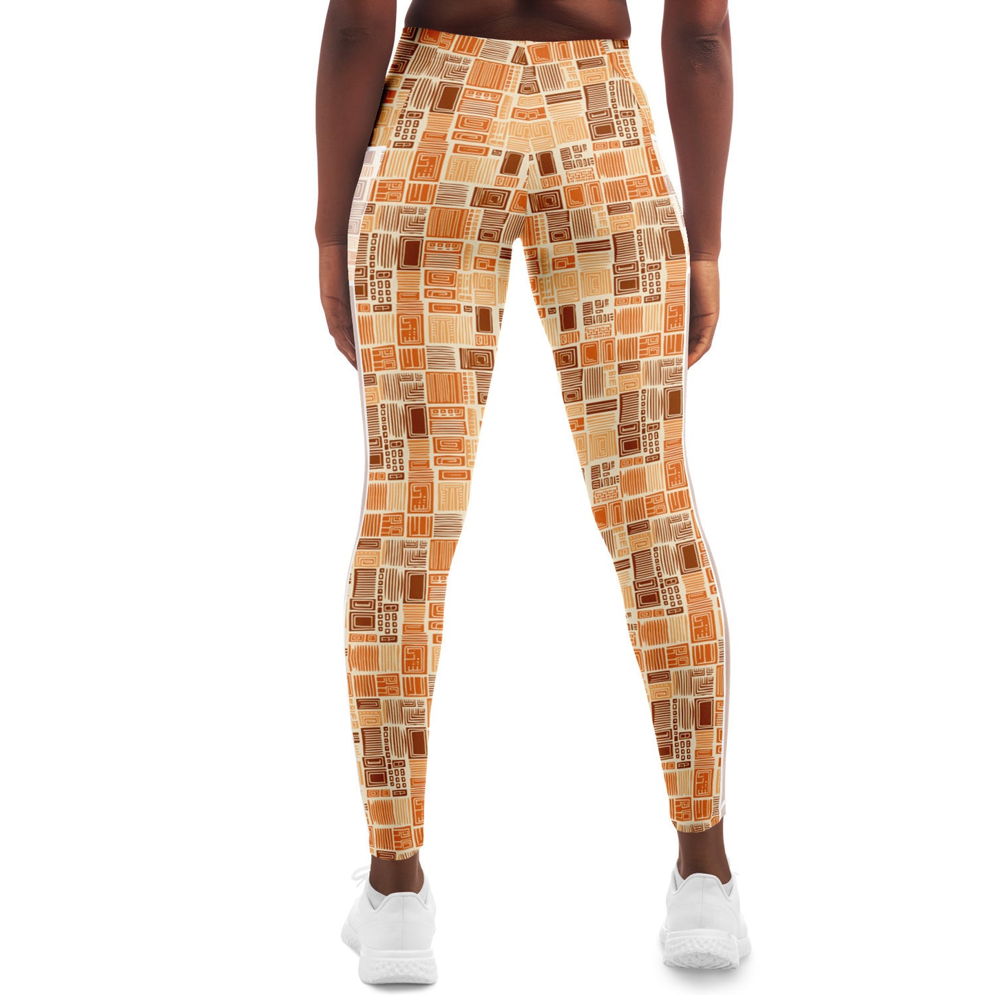 African Mud Cloth Earth Tone Mesh Pocket Leggings, Womens Ethnic Print Athleisure