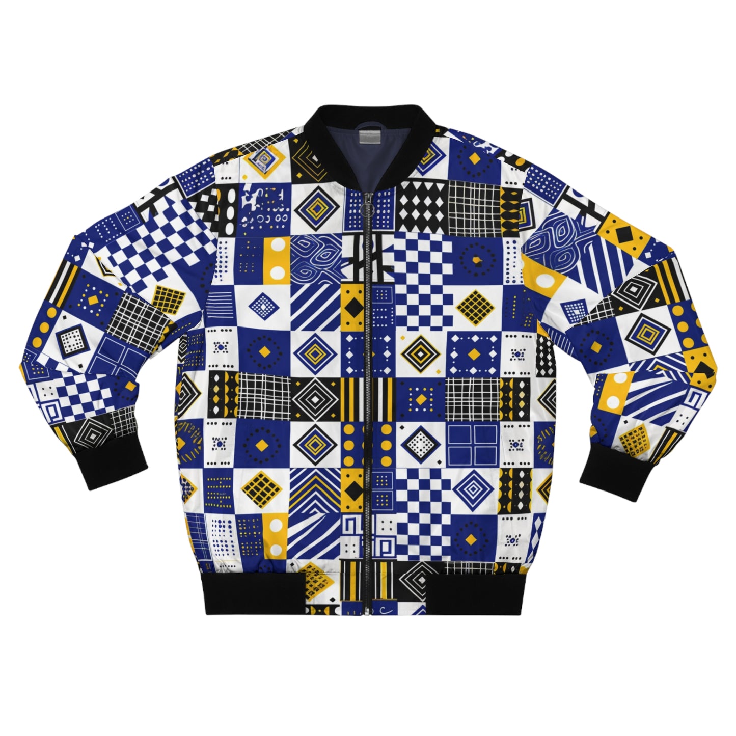 African Tribal Inspired Geometric Bomber Jacket - Vibrant Blue, Yellow, and White Pattern for Men and Women, Modern Streetwear, Sizes XS-5XL