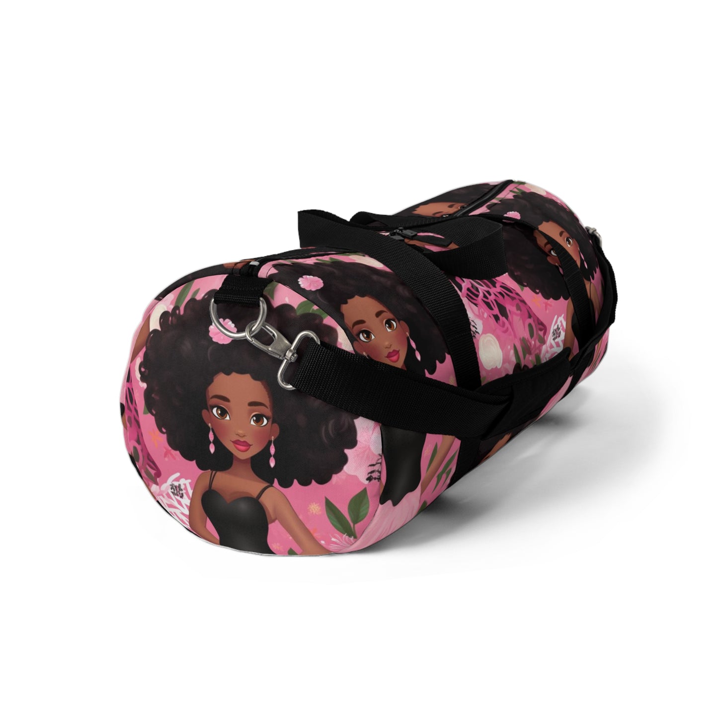 Black Baby Doll Print Duffle Bag, African American Doll Themed Overnight Bag