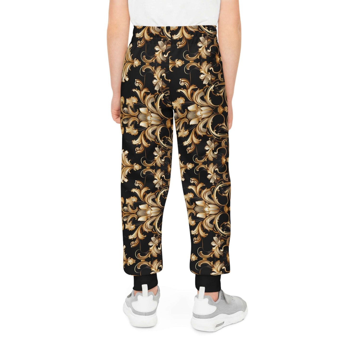 Baroque-Inspired Gold Print Kids Joggers, Urban Streetwear Style Bottom for Kids