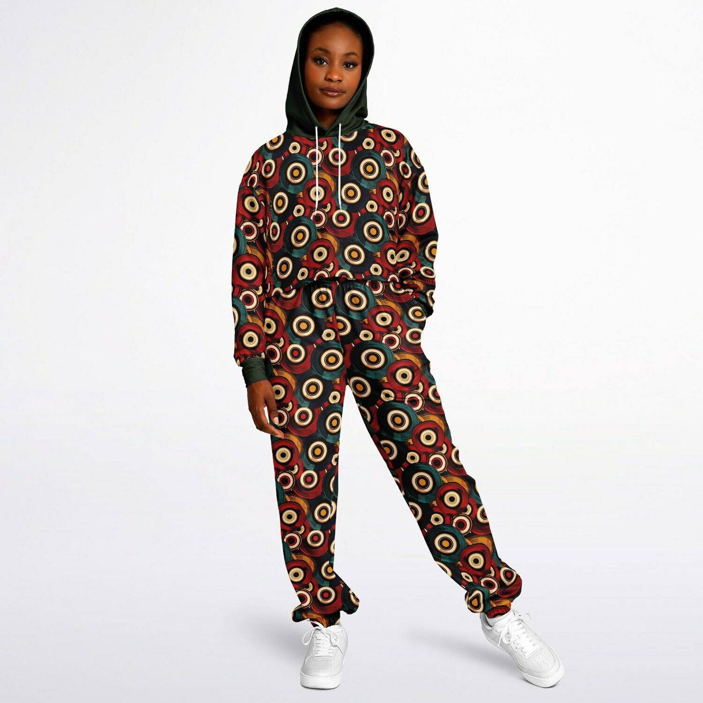 African Ankara-Inspired Geometric Dance Hoodie & Sweatpants Set, Fall Tones Urban Streetwear for Women