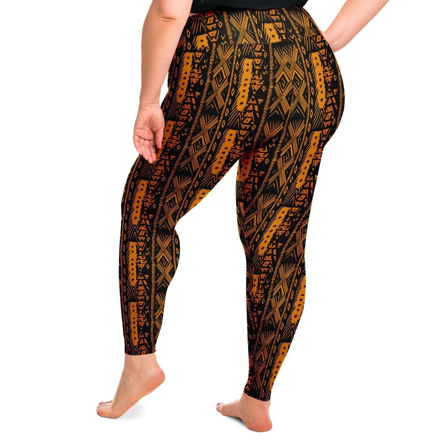 African Triable Print Plus Size 2XL - 6XL Leggings, Orange African Print Workout Gear