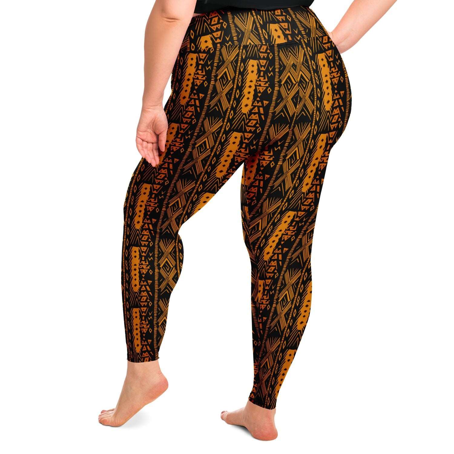 African Triable Print Plus Size 2XL - 6XL Leggings, Orange African Print Workout Gear