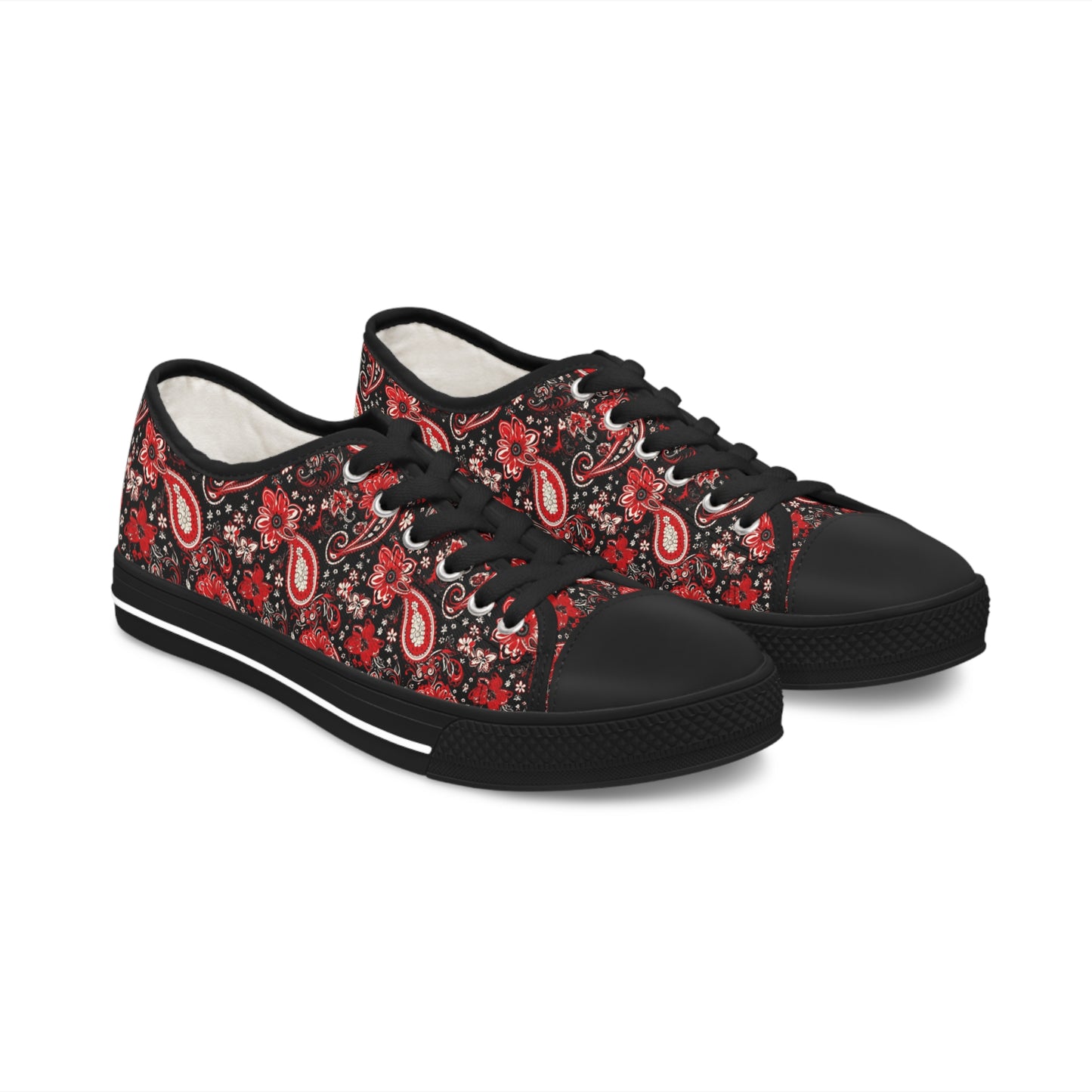 Black & Red Paisley Print Women's Low Top Sneakers, Stylish Paisley Pattern Sneakers