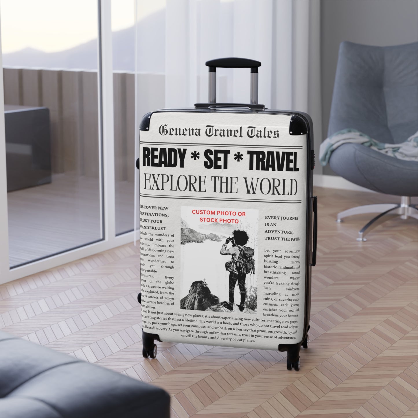 Custom Newspaper Style Suitcase, Black & White Travel Luggage, Unique Gift for Travel Enthusiasts, Personalized Travel Gear