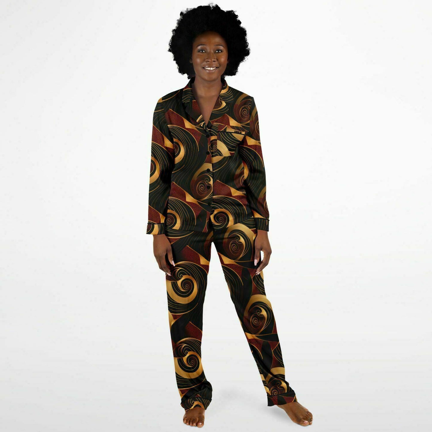 Crimson & Gold Womens African Ankara Print Satin Pajama Set, Plus Size Ladies African Print Loungewear