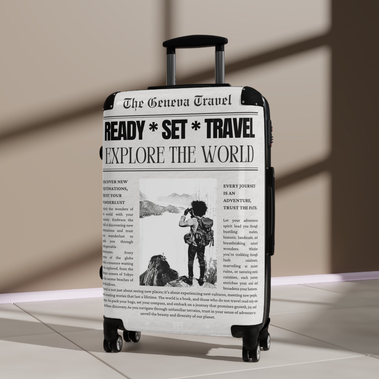 Custom Newspaper Style Suitcase, Black & White Travel Luggage, Unique Gift for Travel Enthusiasts, Personalized Travel Gear