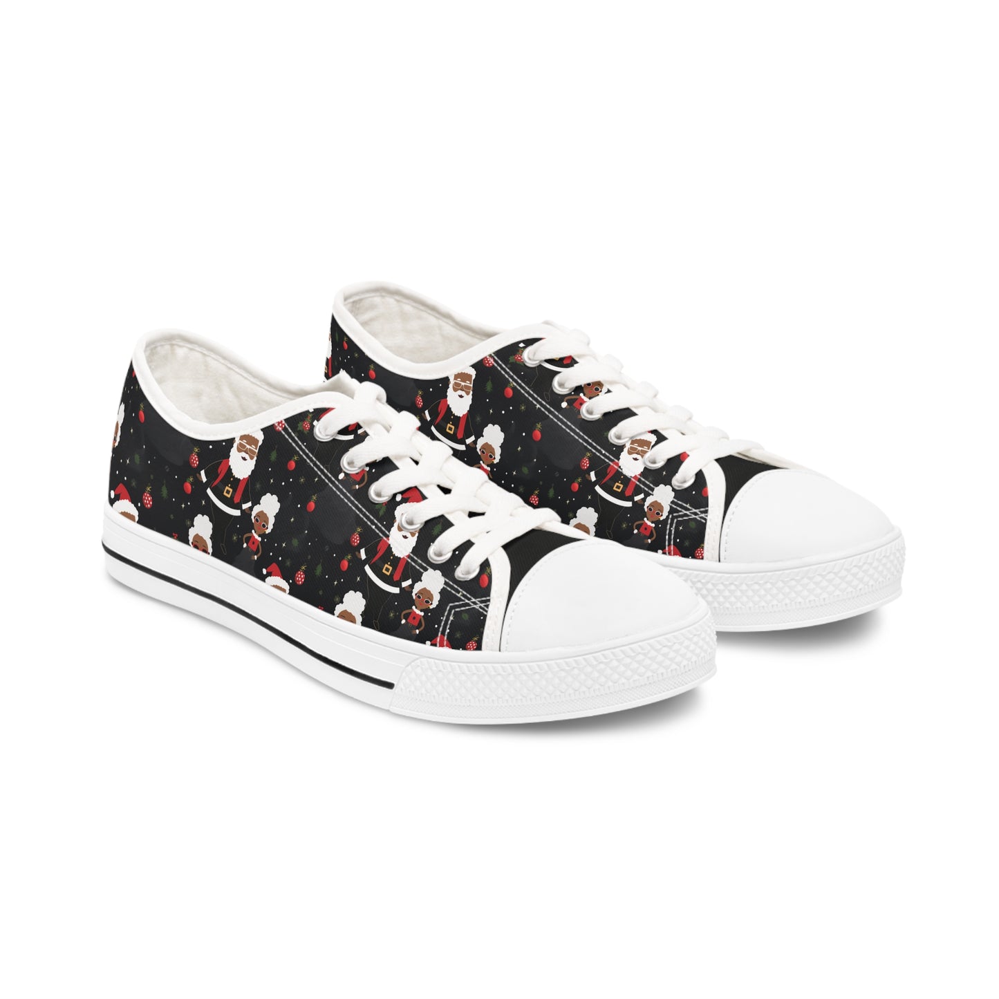 Black Santa and Mrs Claus Festive Christmas Low Top Tennis Shoes, Unique Women's Holiday Sneakers