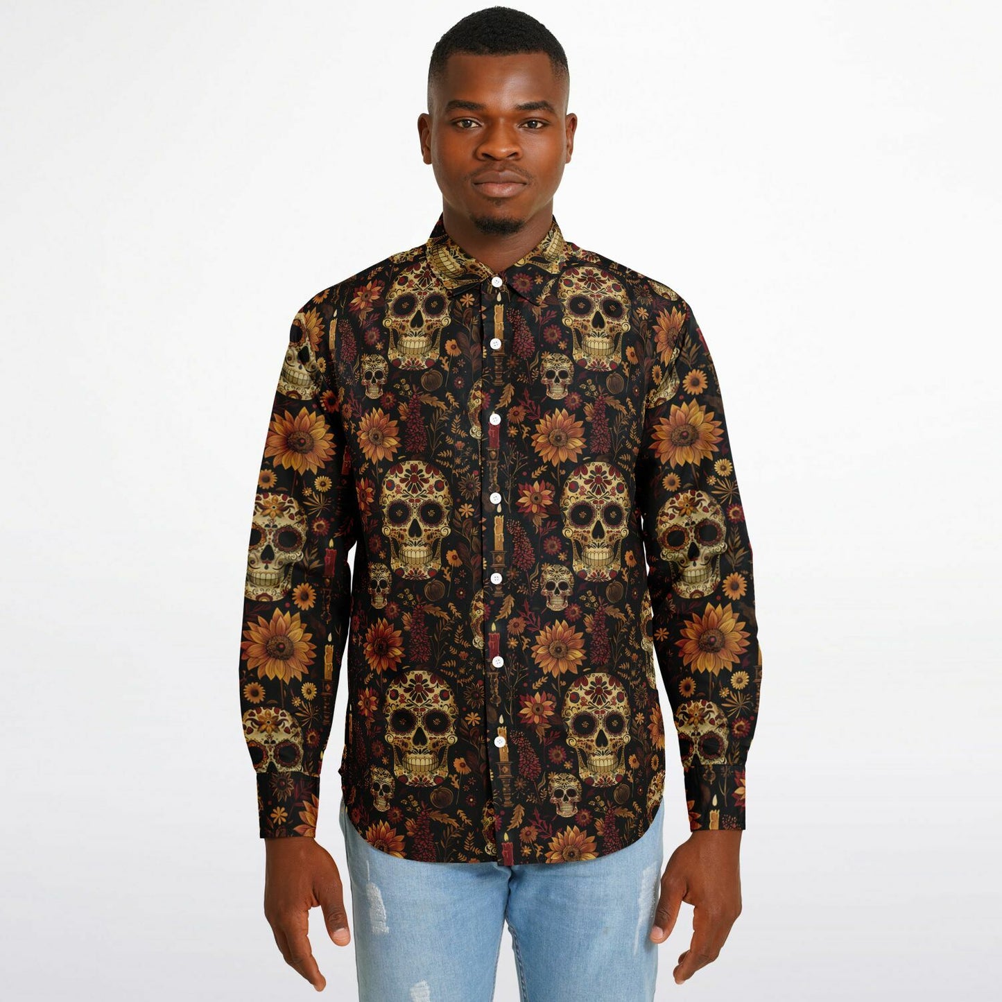 Men's Day of the Dead Long Sleeve Shirt, Afrocentric Skull Design Apparel