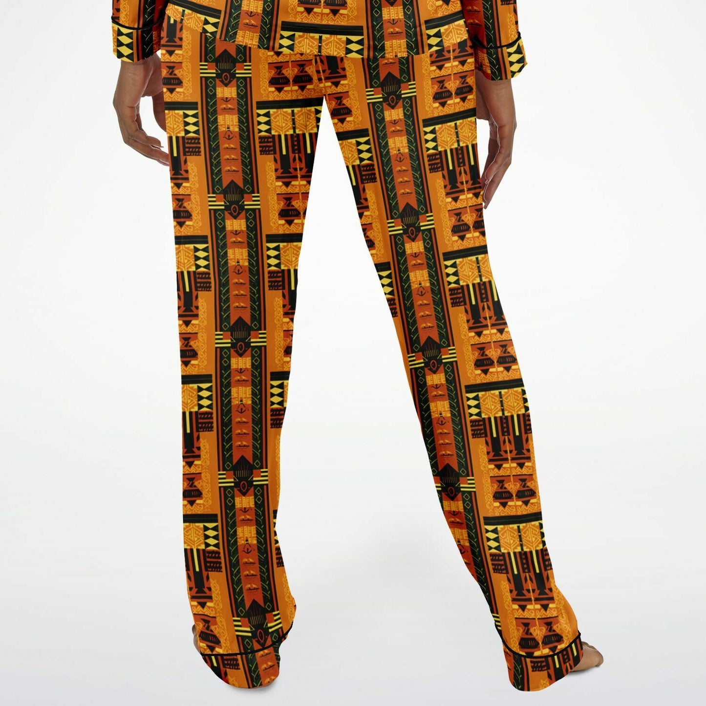 Golden Brown Afrofuturism African Print Women's Satin Pajama Set, Plus Size Luxury Nightwear