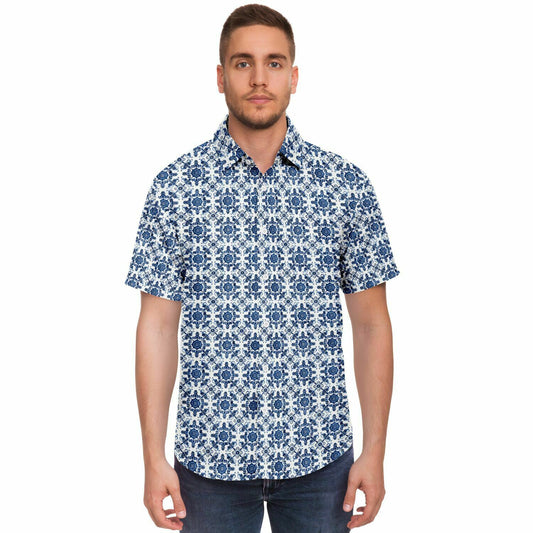 Blue Floral Pattern Short Sleeve Button Down Shirt, Men's Navy and White Print Dress Shirt