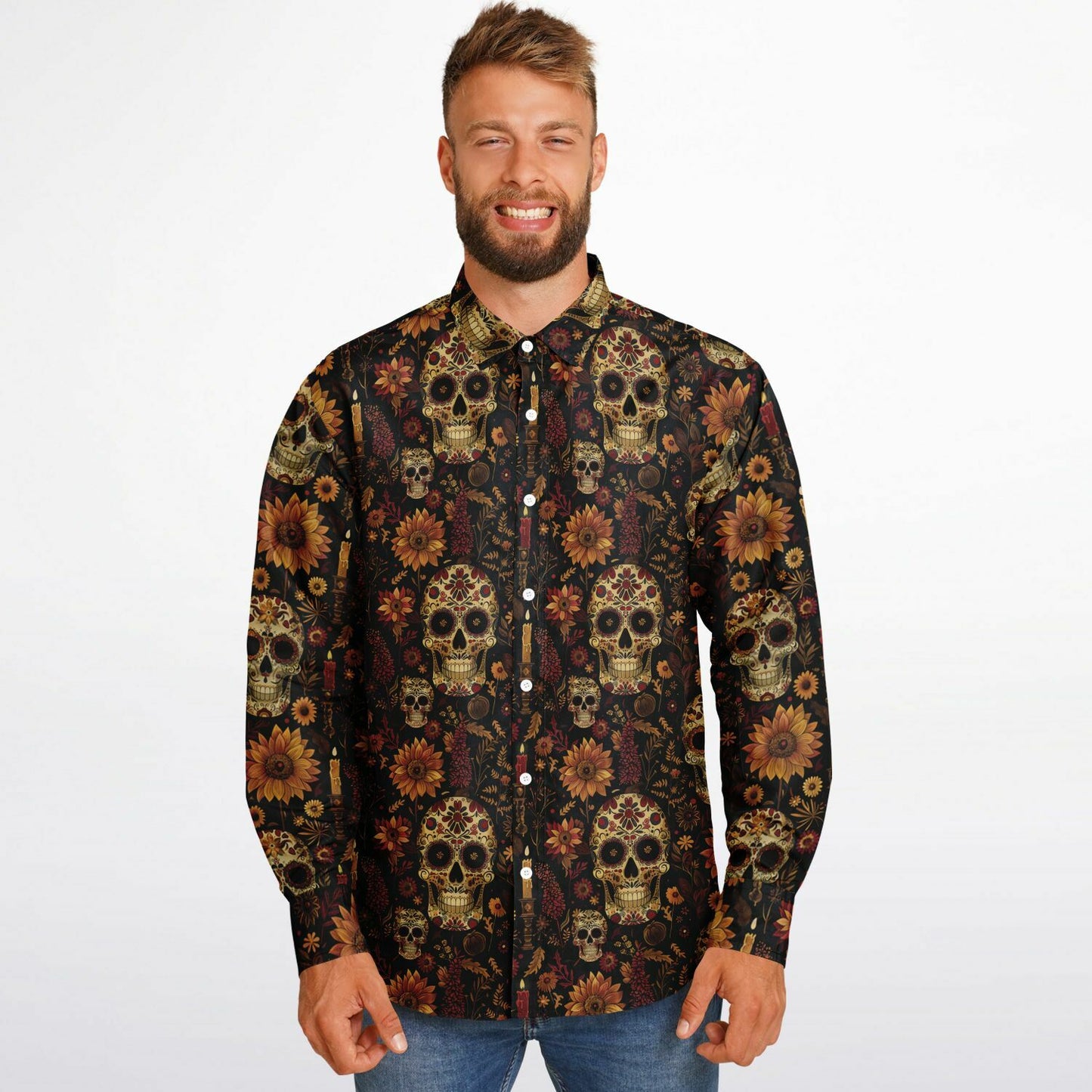 Men's Day of the Dead Long Sleeve Shirt, Afrocentric Skull Design Apparel