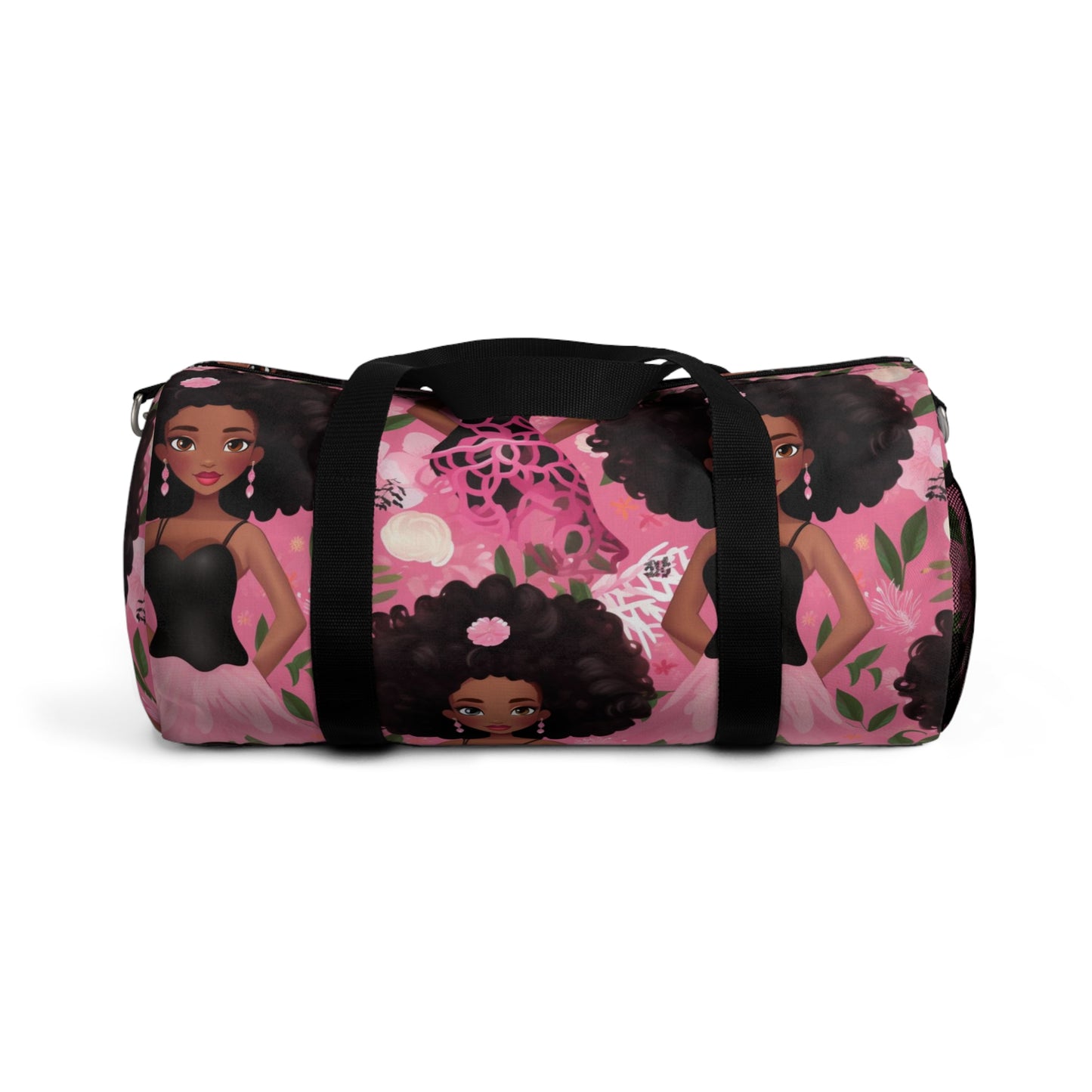 Black Baby Doll Print Duffle Bag, African American Doll Themed Overnight Bag