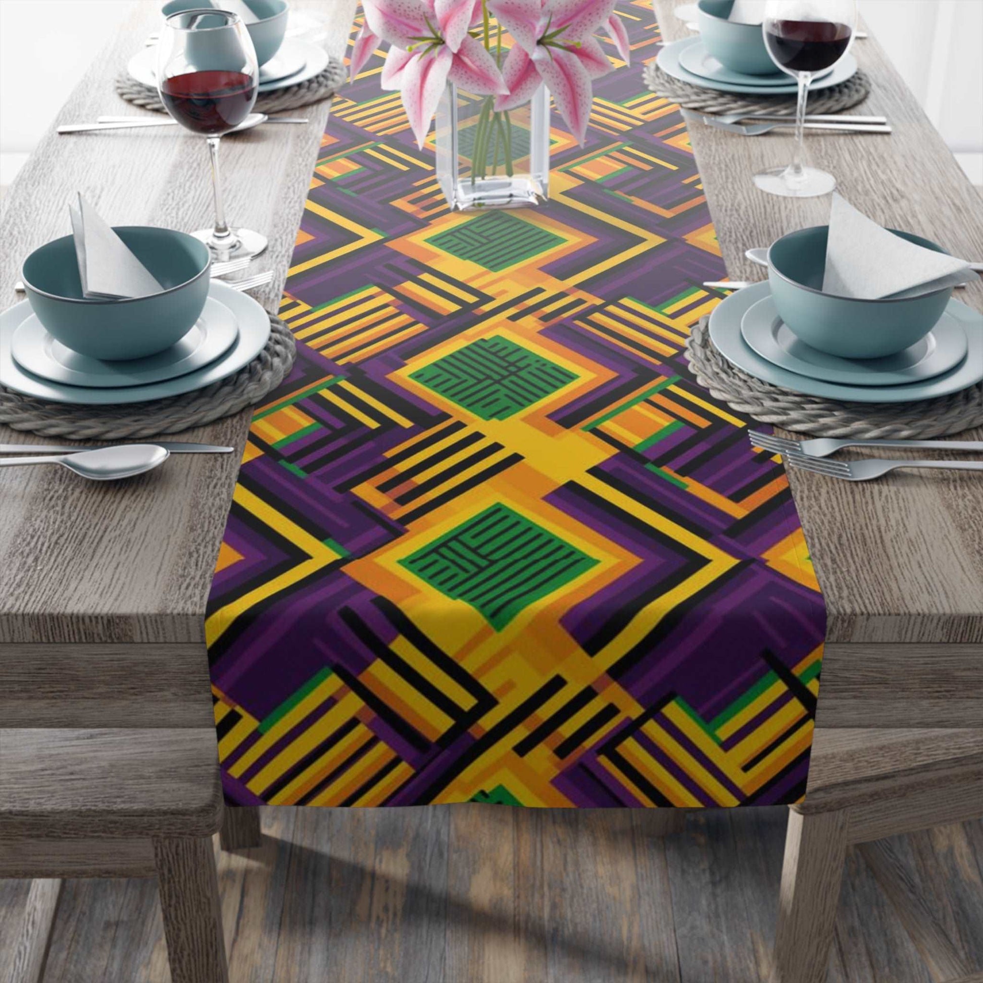 African Kente Print Mardi Gras Themed Table Runner, Festive Carnival Pattern Home Decor