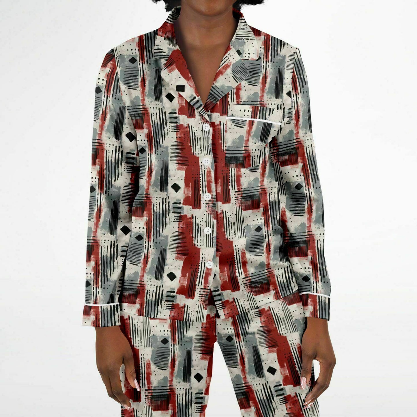 Gray & Deep Red African Mud Cloth Print Satin 2 -Piece Women's Pajama Set,  Plus Size Bogolan Luxury Sleepwear