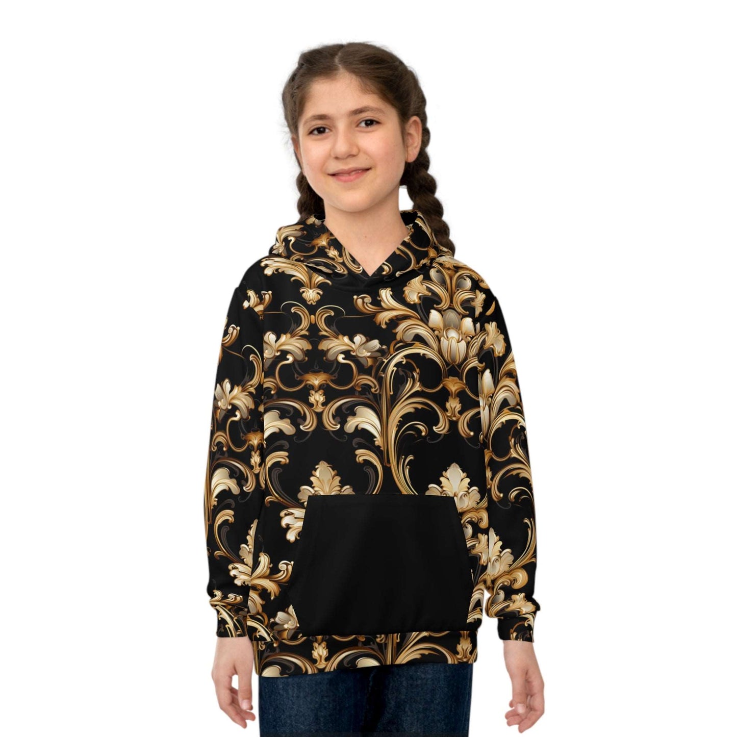 Baroque-Inspired Gold Print Hoodie, Urban Streetwear Style Sweater for Kids