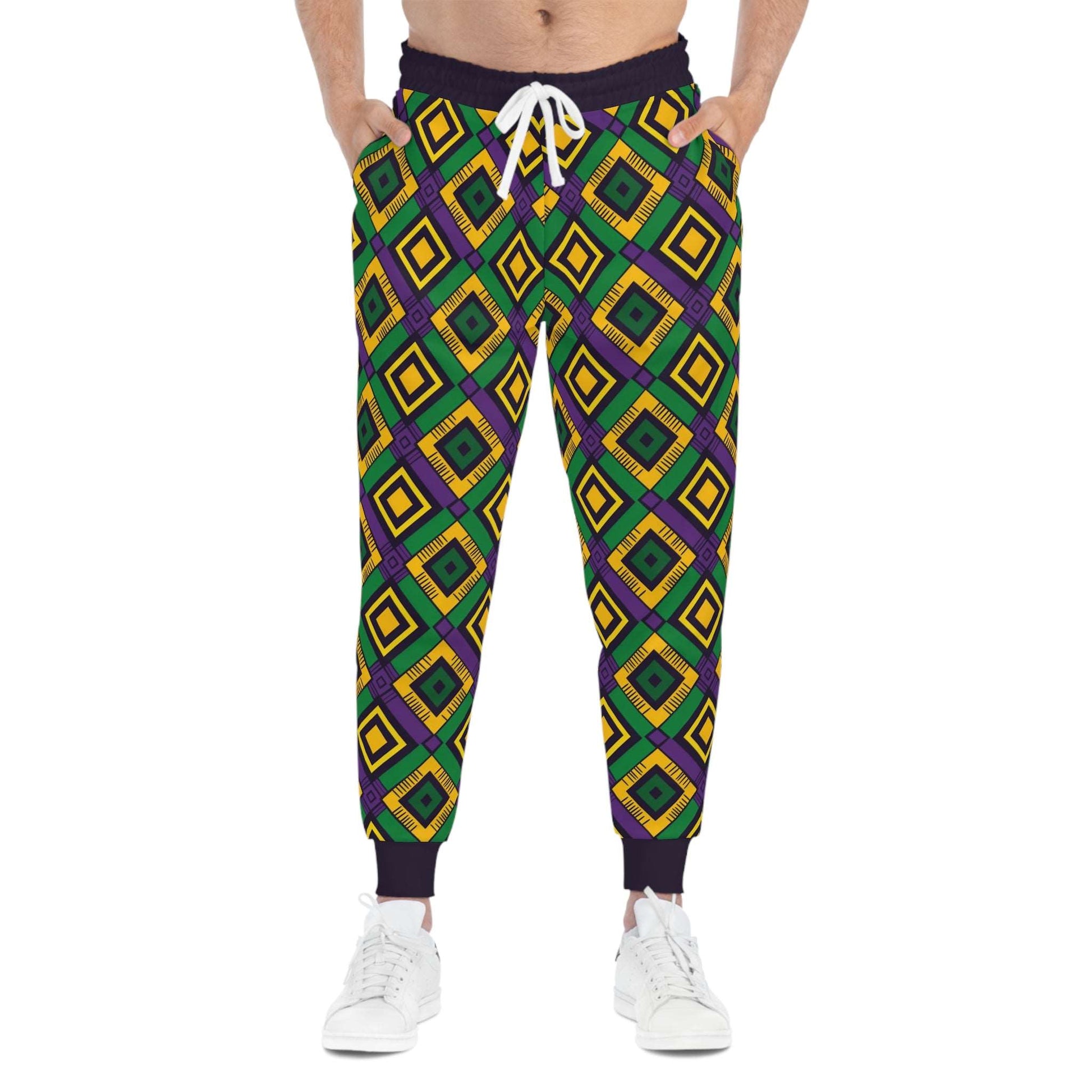 African Kente Mardi Gras Unisex Athletic Joggers, Festive Carnival Themed Pants