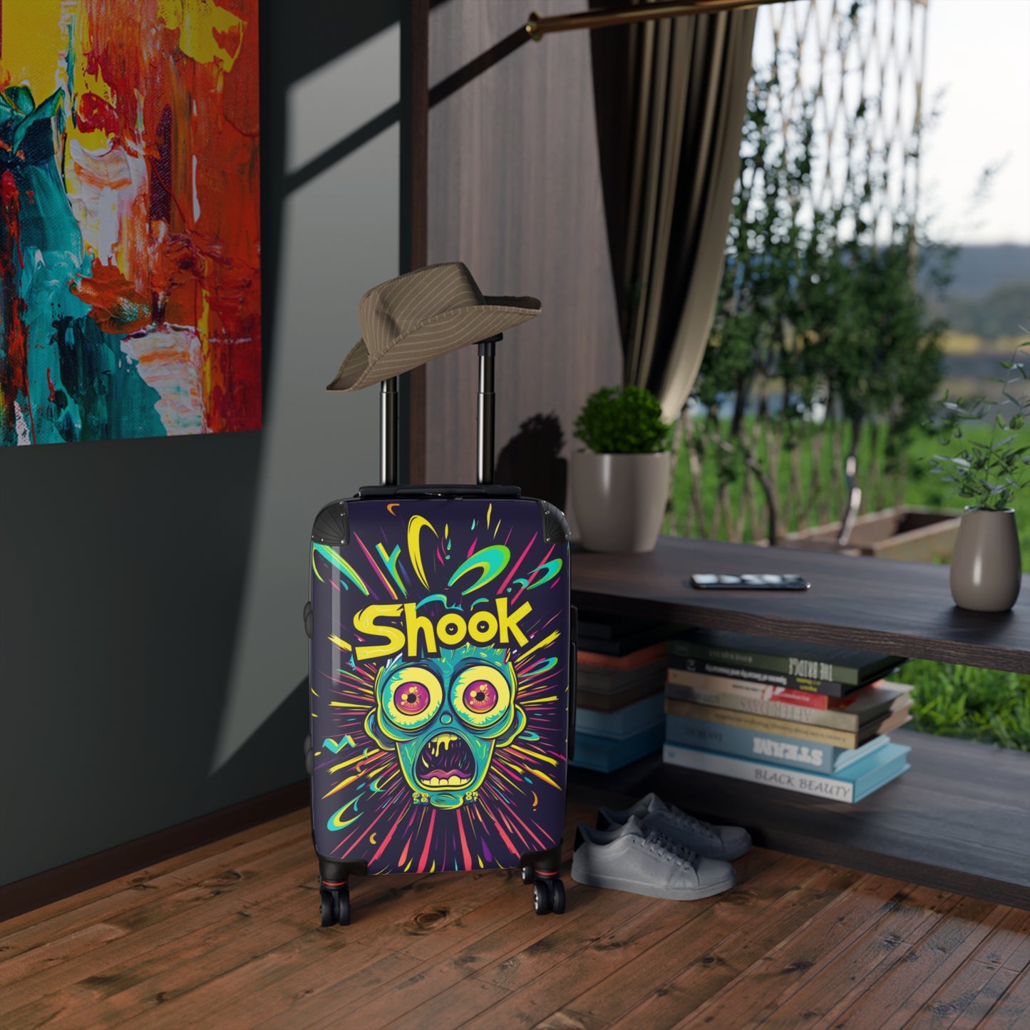 Urban Neon Pop Art "Shook" Rolling Luggage, Cartoon Streetwear Style Design, Personalized Travel Gear For Kids, Bold Fun Wild Art Suitcase