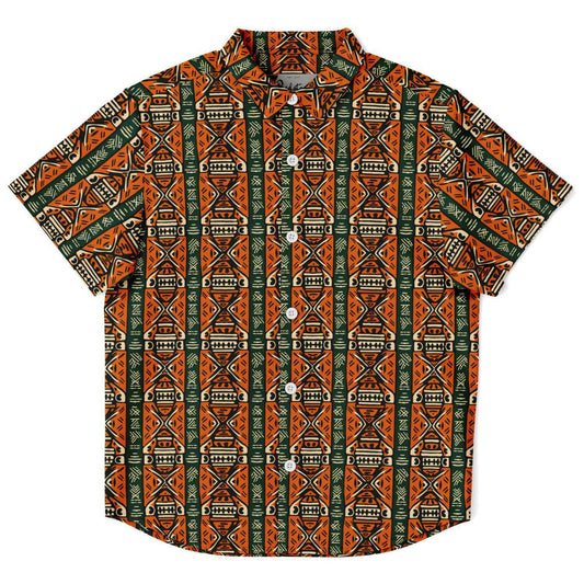 Green & Orange Traditional African Mud Cloth Boys Button Down Shirt