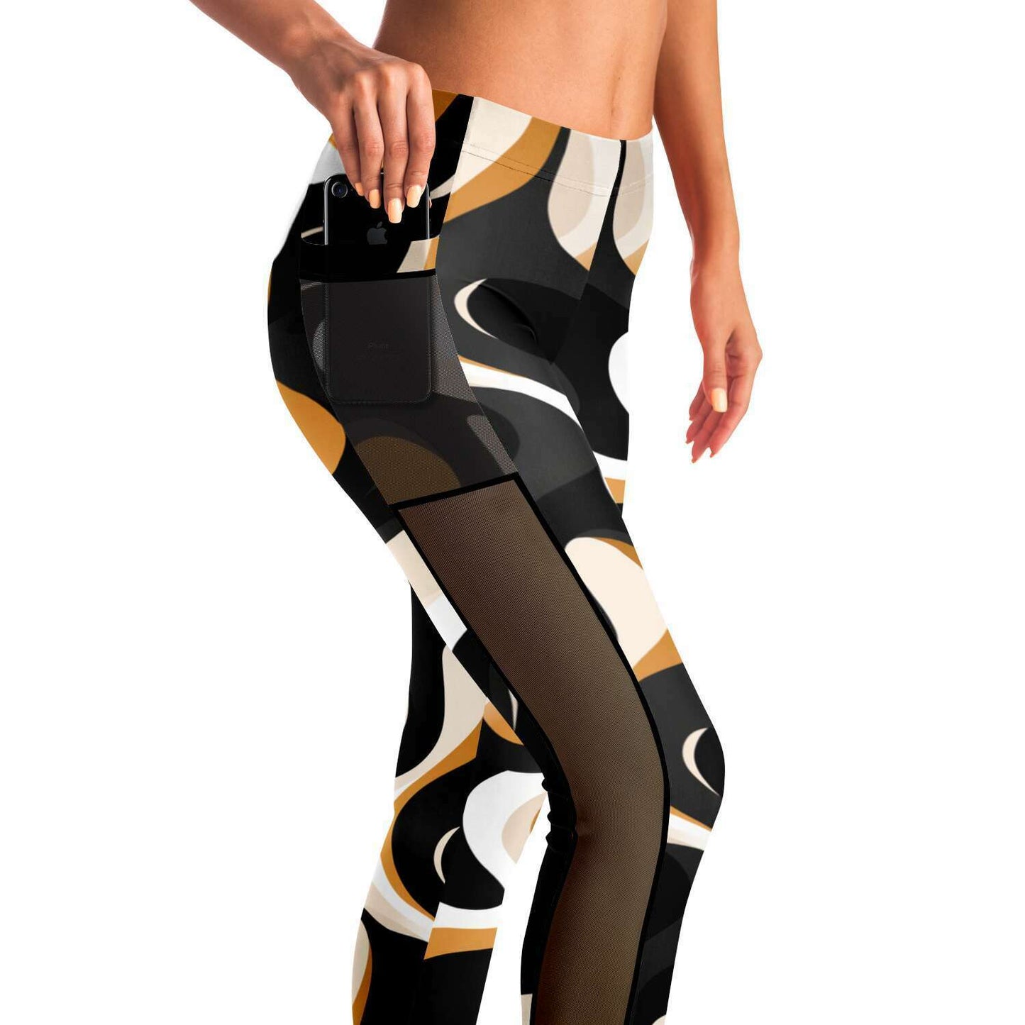 Earth-Tone Womens Yoga Pants, Abstract Black Women's Leggings Bold Lines and Fluid Movements