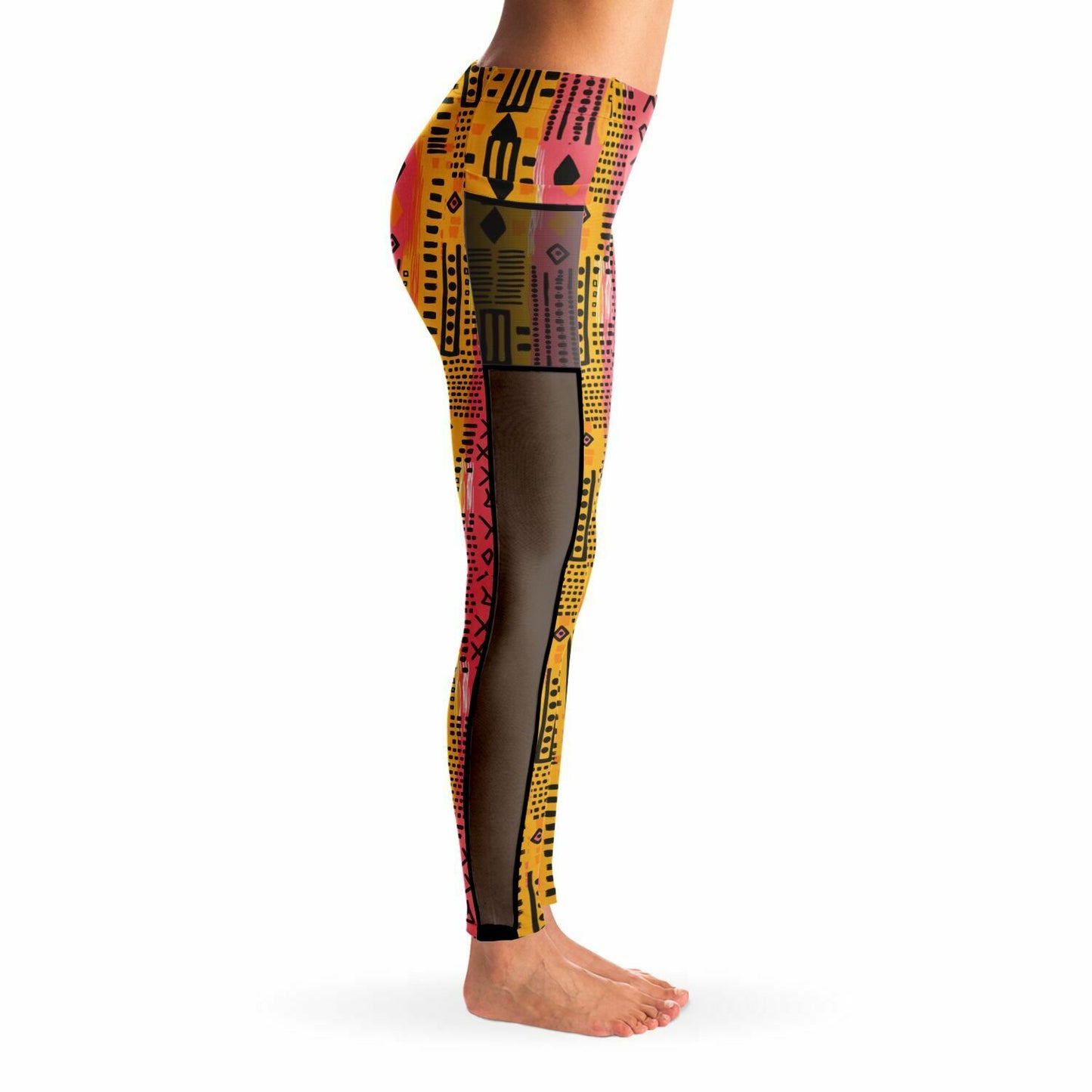 Sunset Sahara Colorful African MudCloth Print Mesh Women's Leggings, African Ankara Print Women's Work Out Wear