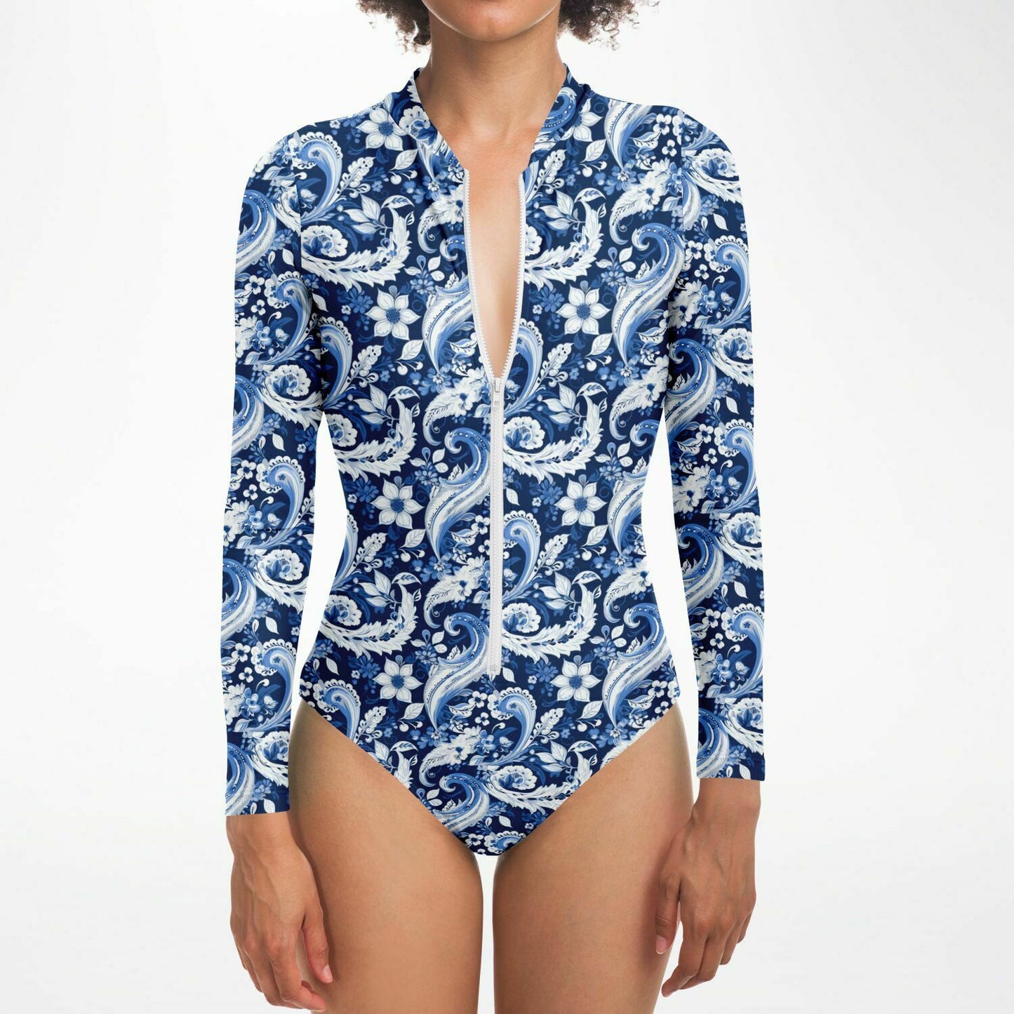 Blue & White Paisley Print Long Sleeve Bodysuit | Trendy UV protection Clothing | Paisley Print Women's Fashion | Bandana Print Bodysuit