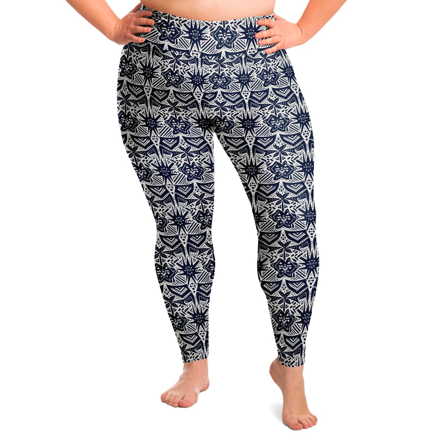 Blue & White African Mud Cloth Plus Size 2XL - 6XL Women's Leggings | Plus Size African Print Activewear | High Waistband Ethnic Yoga Pants