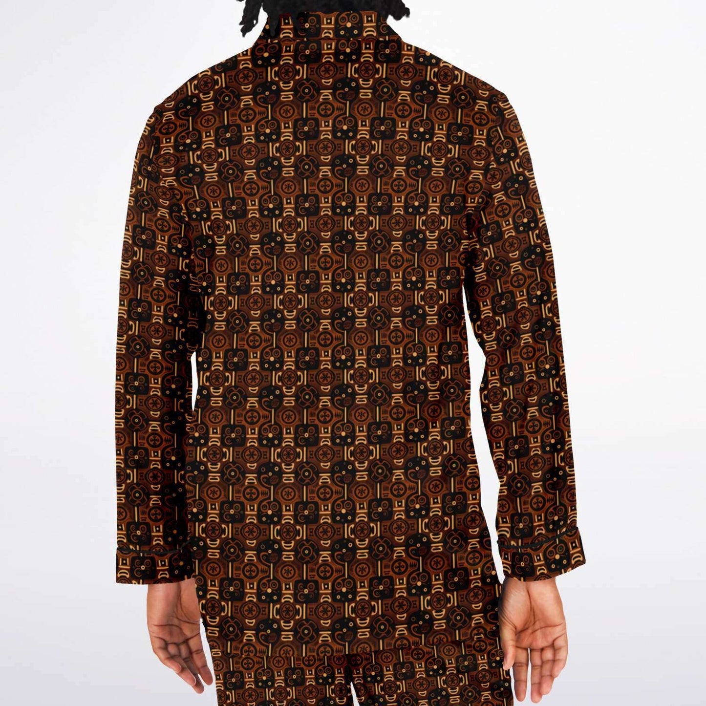 Brown African Wax Print  Men's Satin Pajama Set | Adinkra Symbols African Print' Big & Tall Satin Cozy Men's Loungewear