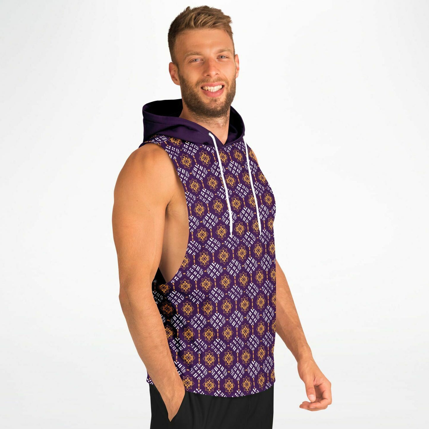 Omega Psi Phi Colors African Print Athletic Drop Armhole Hoodie, Men's Purple & Gold Athletic Ethnic  Print Workout Pull Over Gear