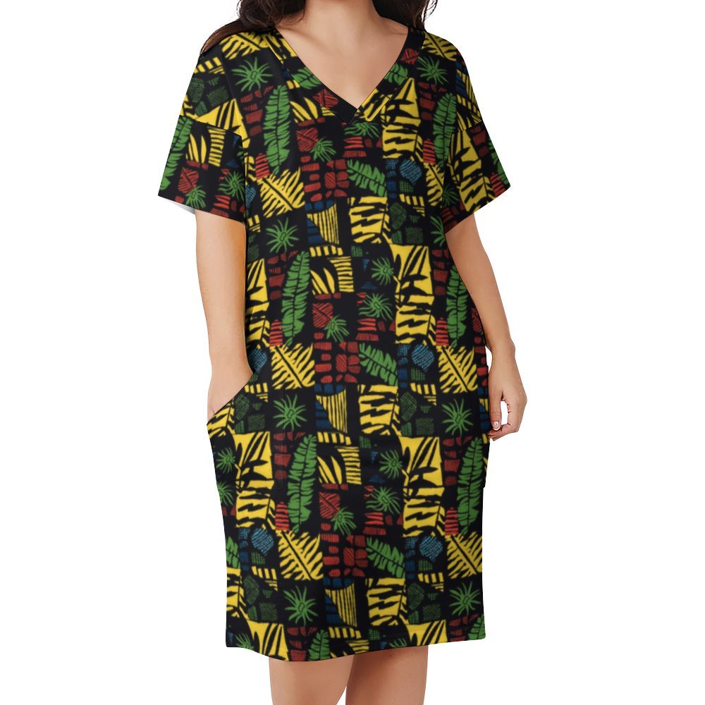 Plus Size African Print Women's Dress, Tropical Leaf & Drum Design