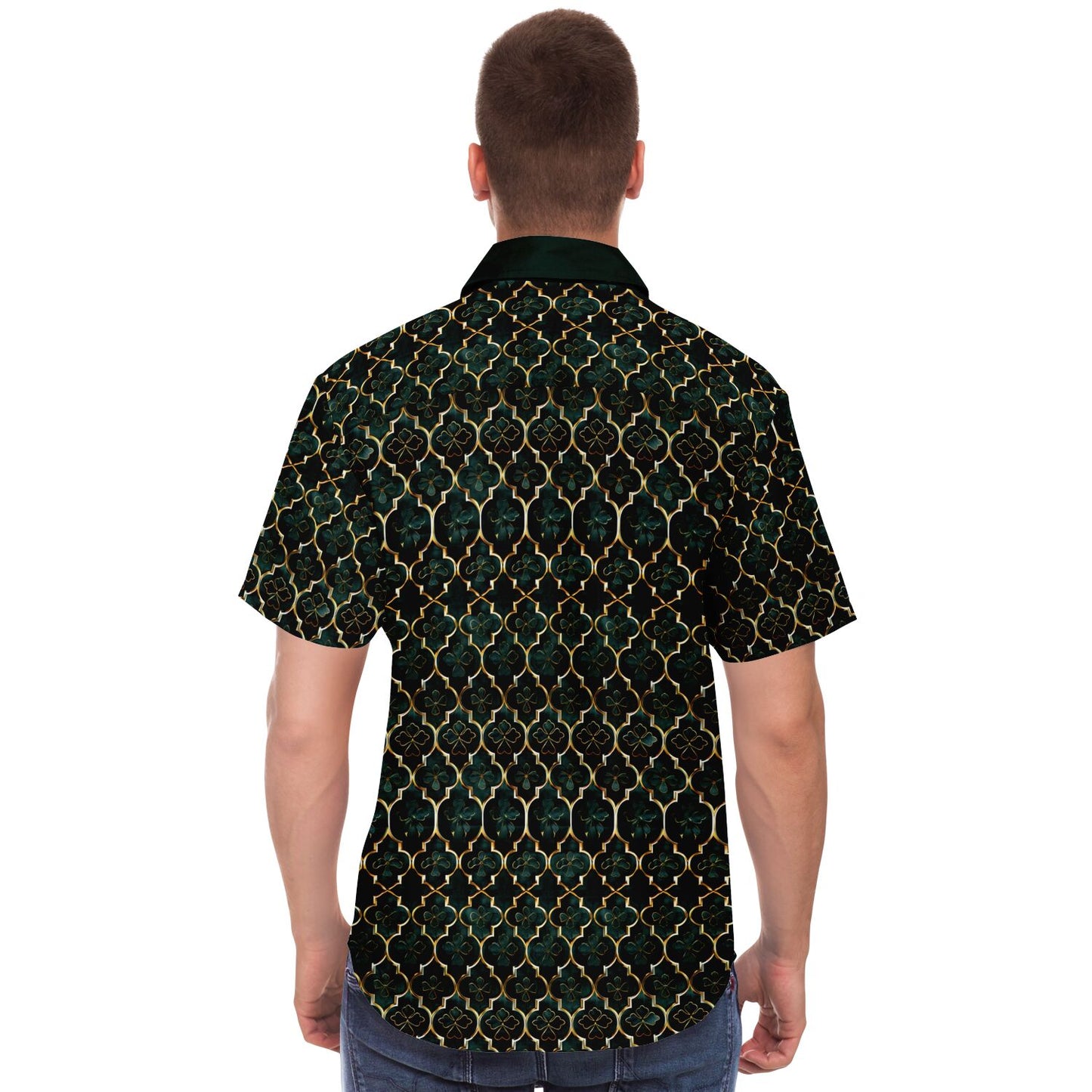 Emerald Elegance: Clover Mosaic Short Sleeve Button Down Shirt, Irish Themed Mens Patterned Dress Shirt