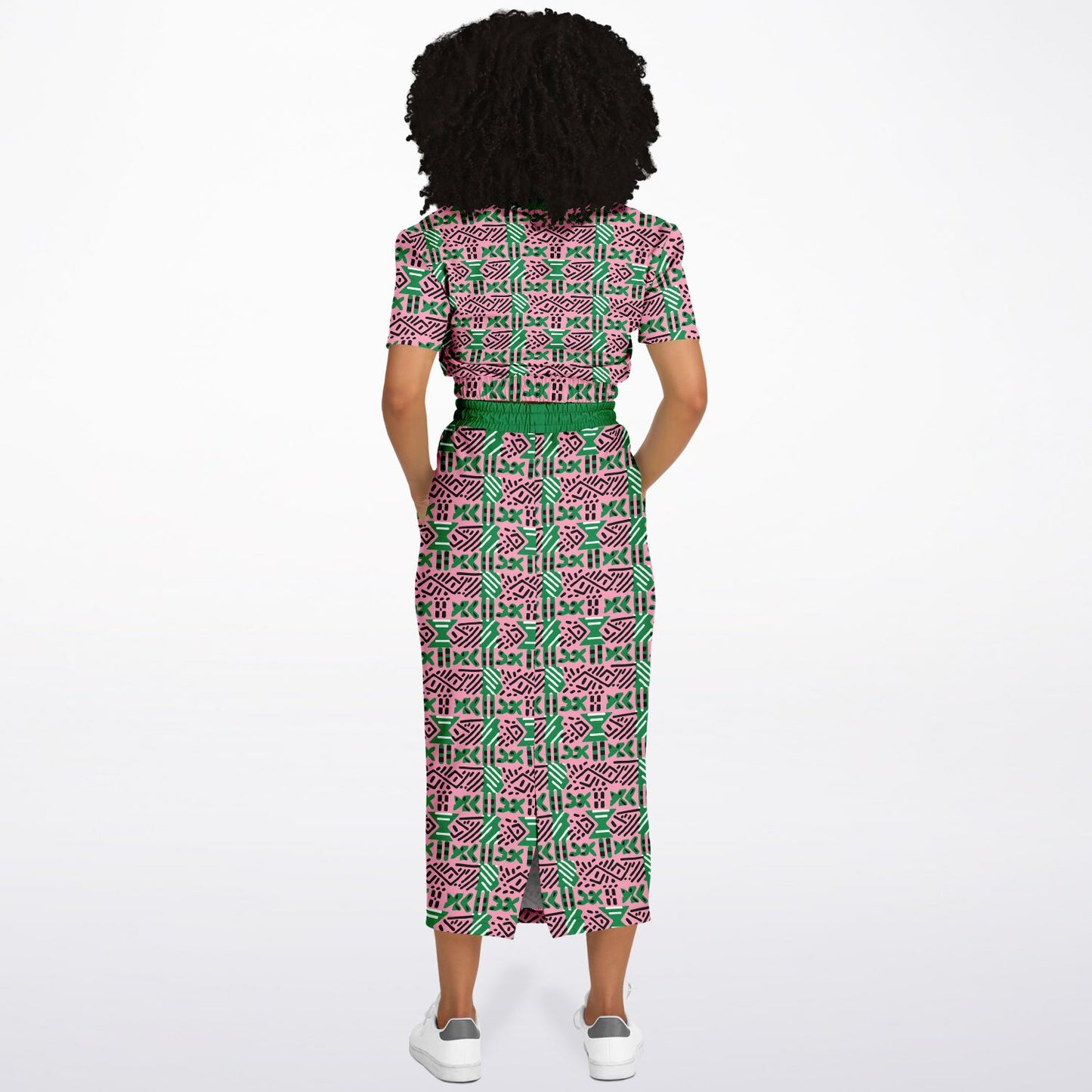 AKA Pink & Green Sorority Mud Cloth Print Skirt Set , Versatile Women's African Inspired Fashion