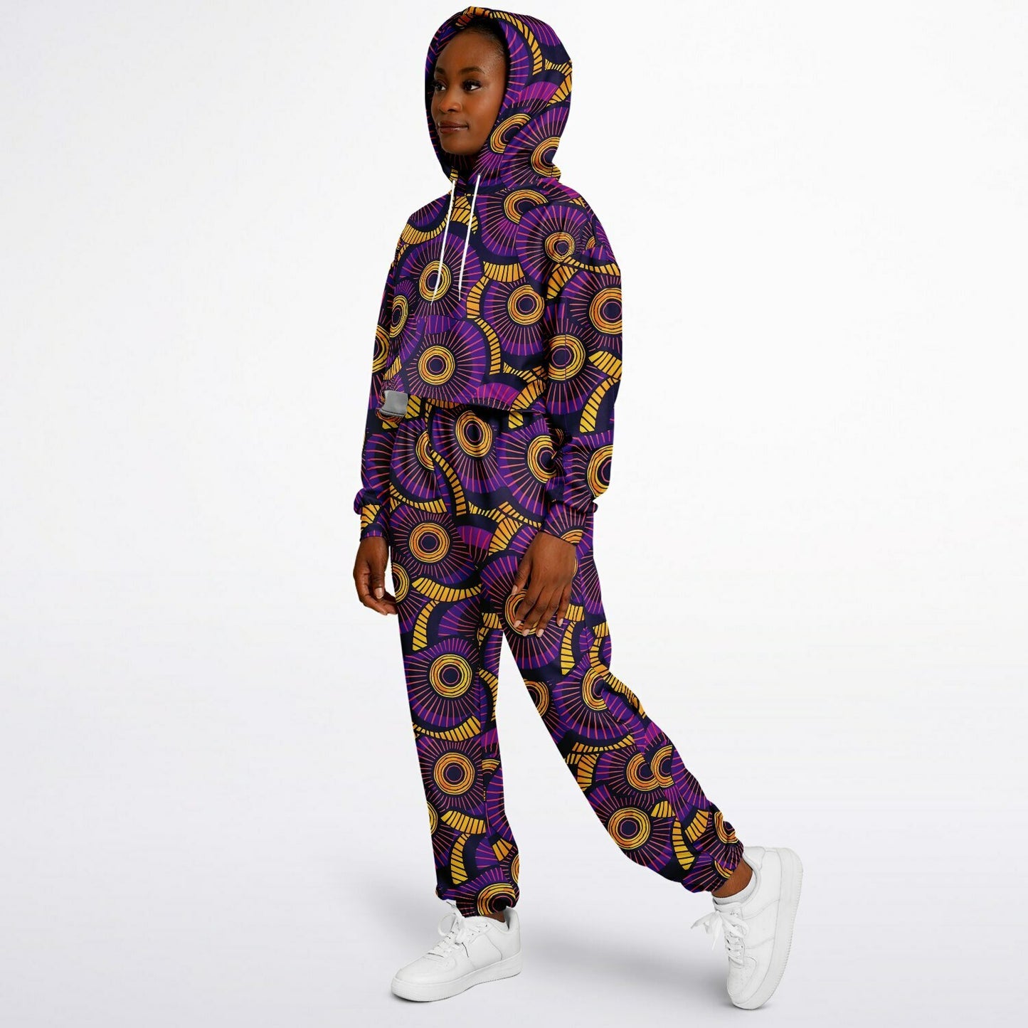 Purple and Gold Women's African Wax Print Tracksuit, Afrocentric Hoodie & Sweatpants