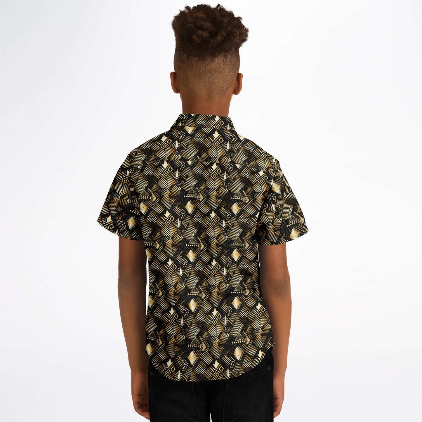 Gold & Black African Print Mud Cloth Short Sleeve Button Down Shirt | Youth Ethnic Print Button Down Shirt - Ships Free