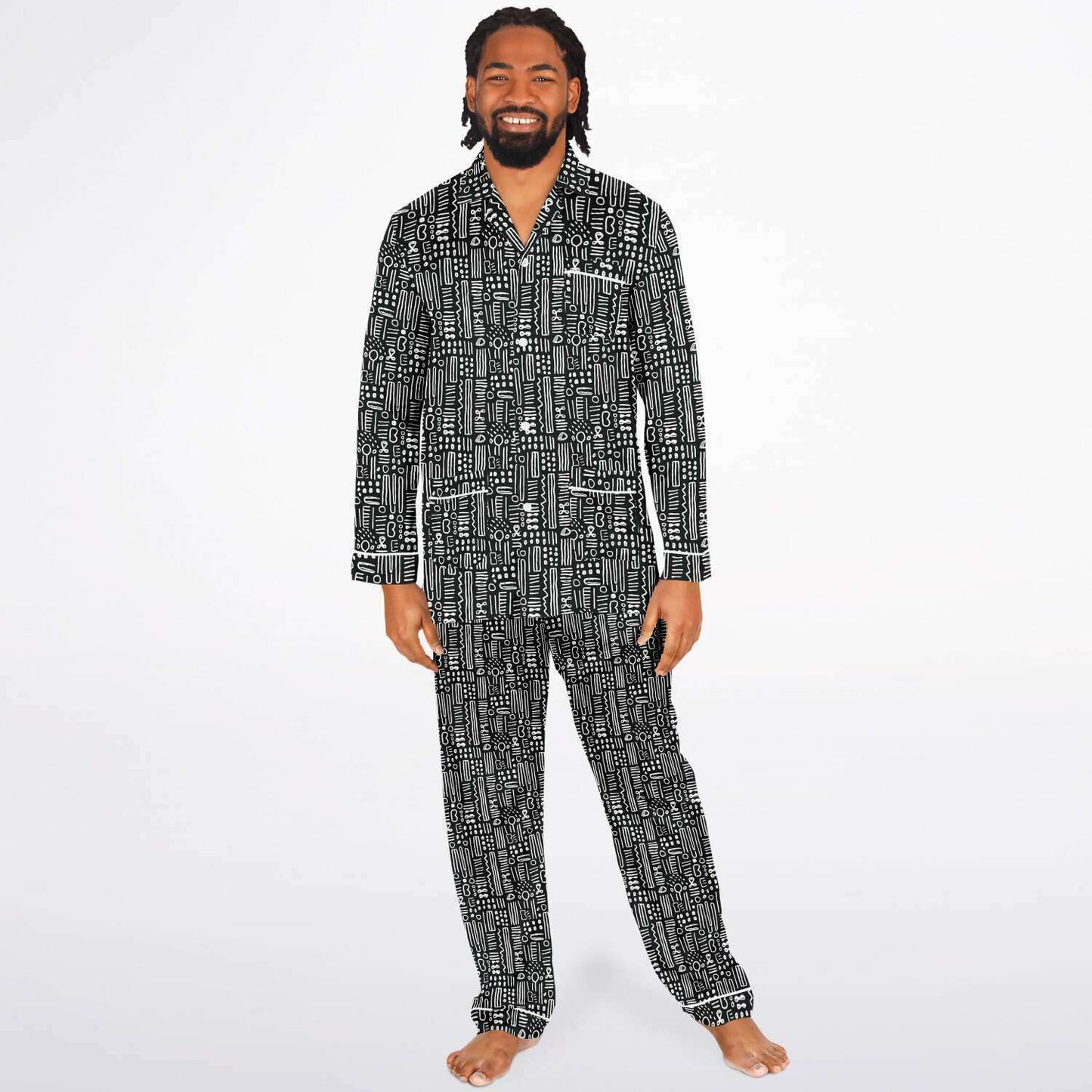 Black & White African Mud Cloth Men's Big and Tall Satin Pajama Set | Matching Tribal Print Family Pajamas