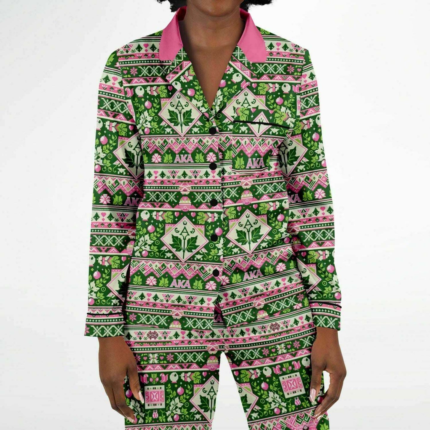 AKA Sorority Pink and Green Women's Satin Pajamas, AKA Themed Women's Holiday Themed 2 Piece Pajamas