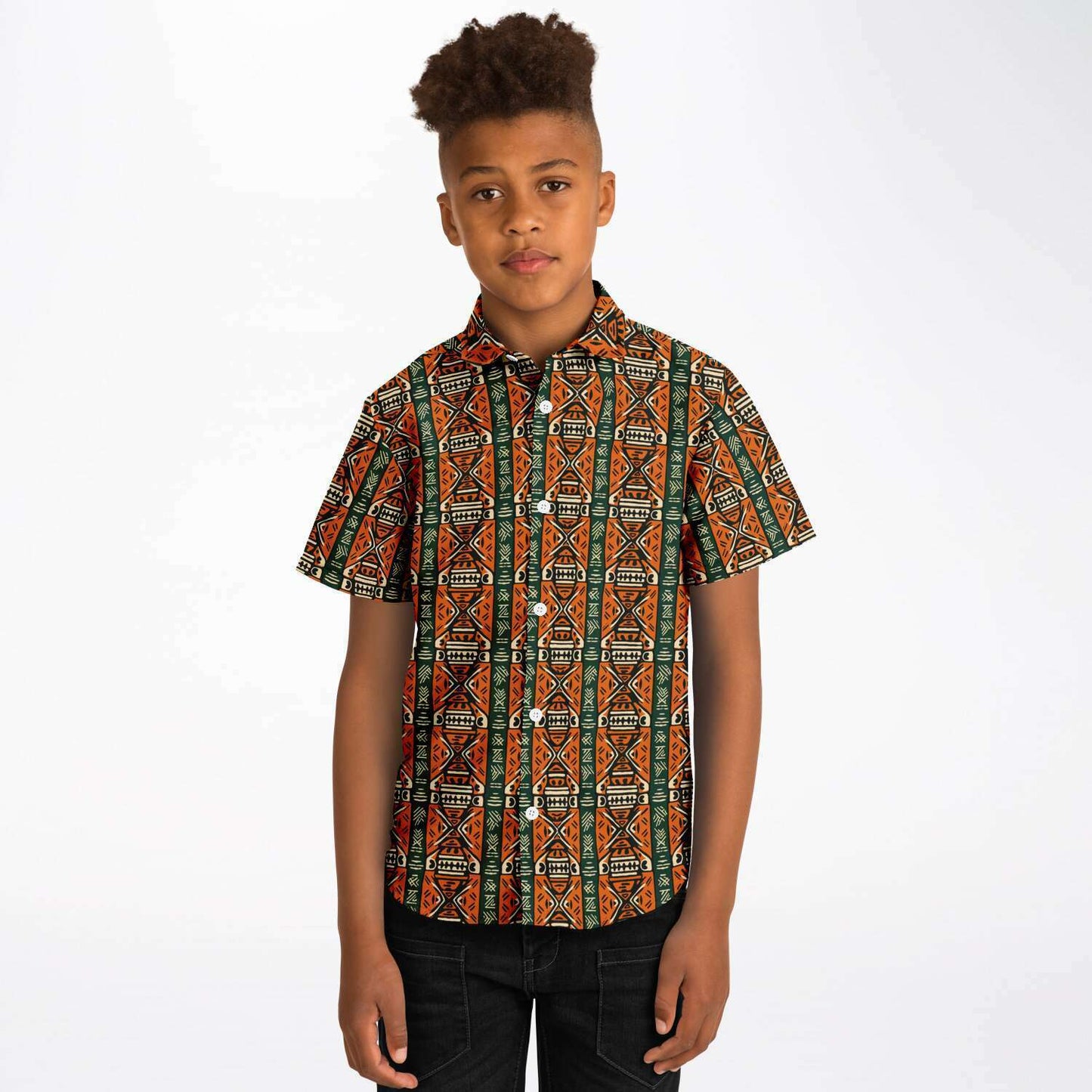 Green & Orange Traditional African Mud Cloth Boys Button Down Shirt