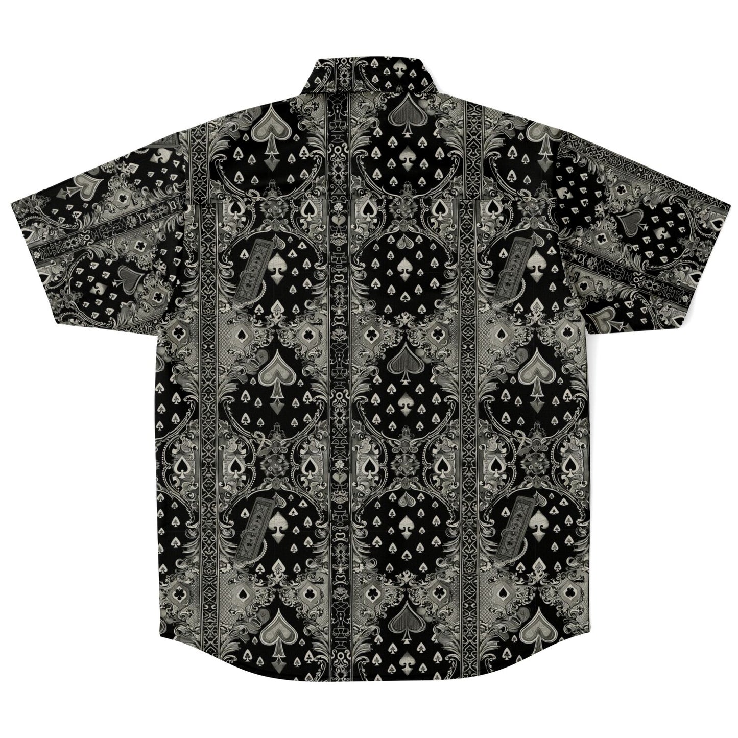 Ace of Spades Men's Short Sleeve Button Down Shirt, Black and Grey Poker Print