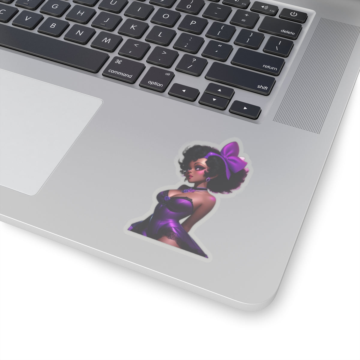 Black Woman Pin-Up Girl Sticker, Sexy Black Woman in Purple Lingerie Sticker