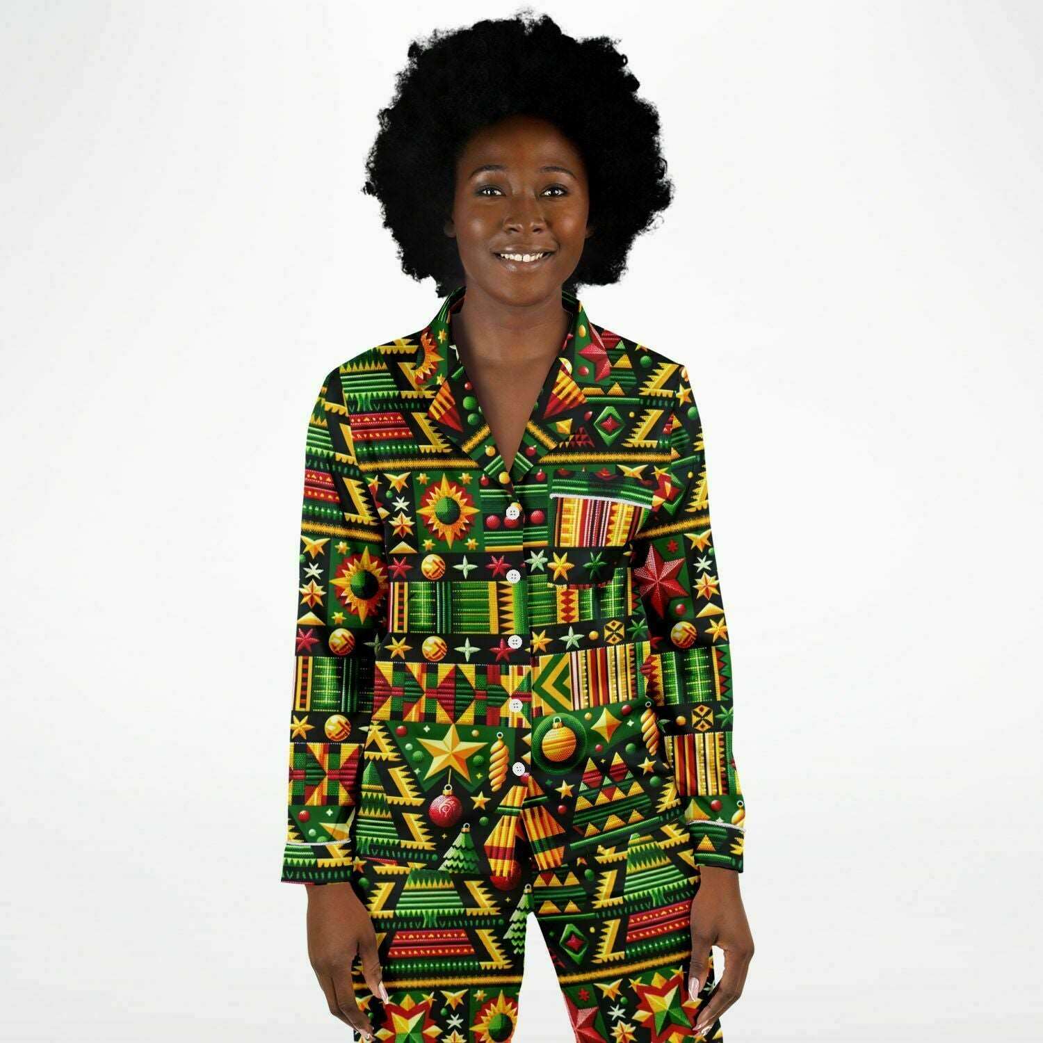 African Kente Cloth Christmas Print Women's Satin Pajamas, Kente Print Women's Fashion