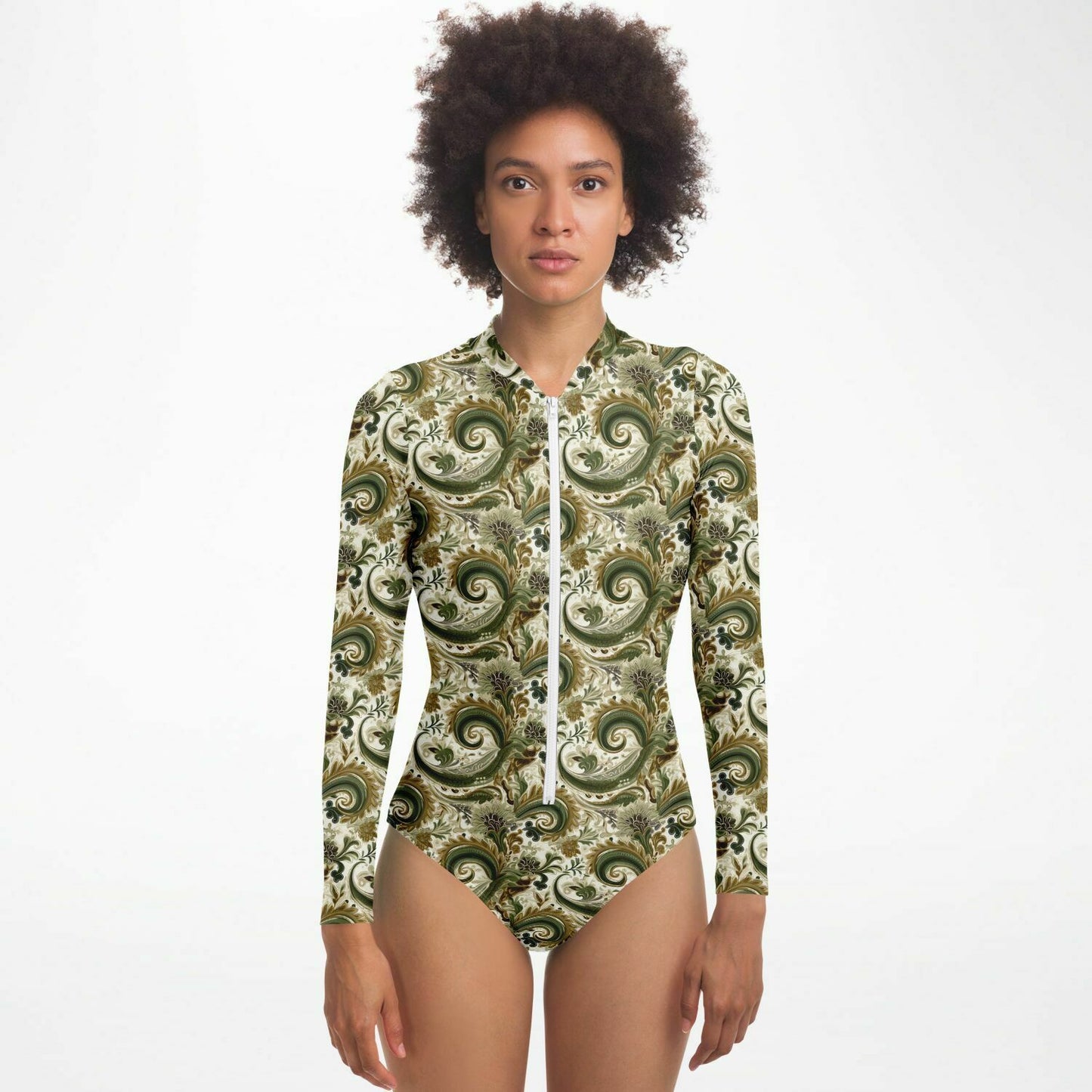 Green & Tan Paisley Print Long Sleeve Bodysuit | Trend Boho Chic Fashion | Paisley Print Women's Fashion | Bandana Print Bodysuit