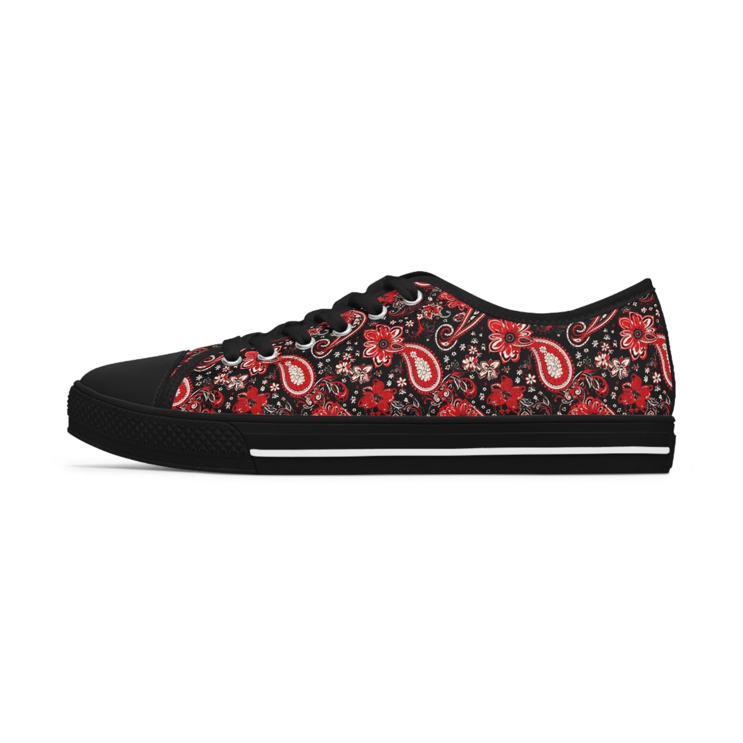 Black & Red Paisley Print Women's Low Top Sneakers, Stylish Paisley Pattern Sneakers