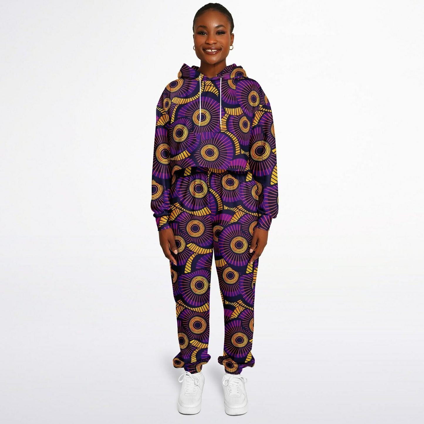 Purple and Gold Women's African Wax Print Tracksuit, Afrocentric Hoodie & Sweatpants