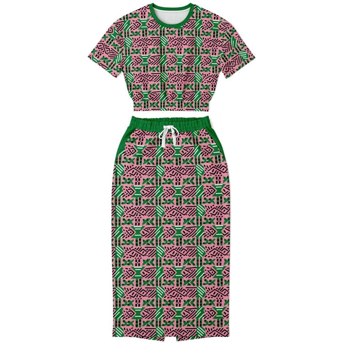 AKA Pink & Green Sorority Mud Cloth Print Skirt Set , Versatile Women's African Inspired Fashion