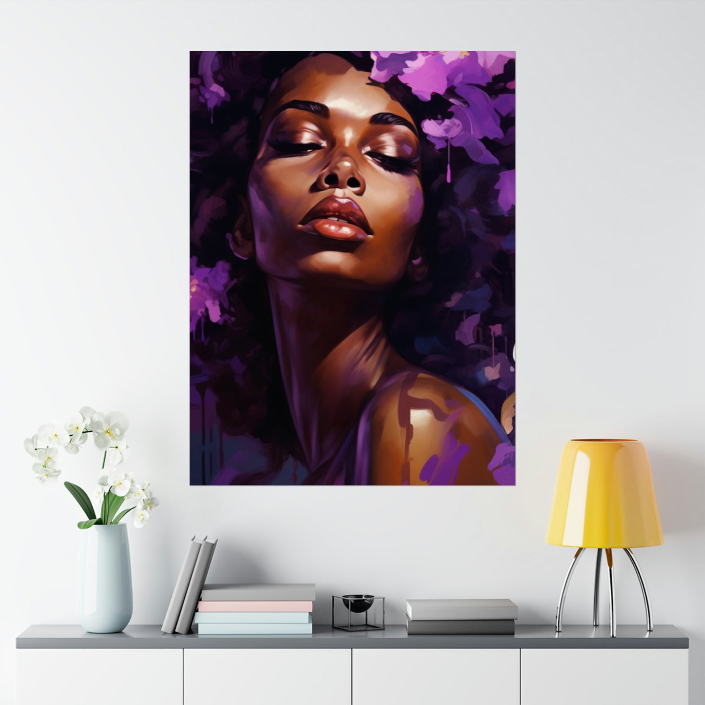 African Woman Matte Vertical Poster Print, Art Nouveau Purple Art Decor,  Black Woman Art Matte Vertical Posters