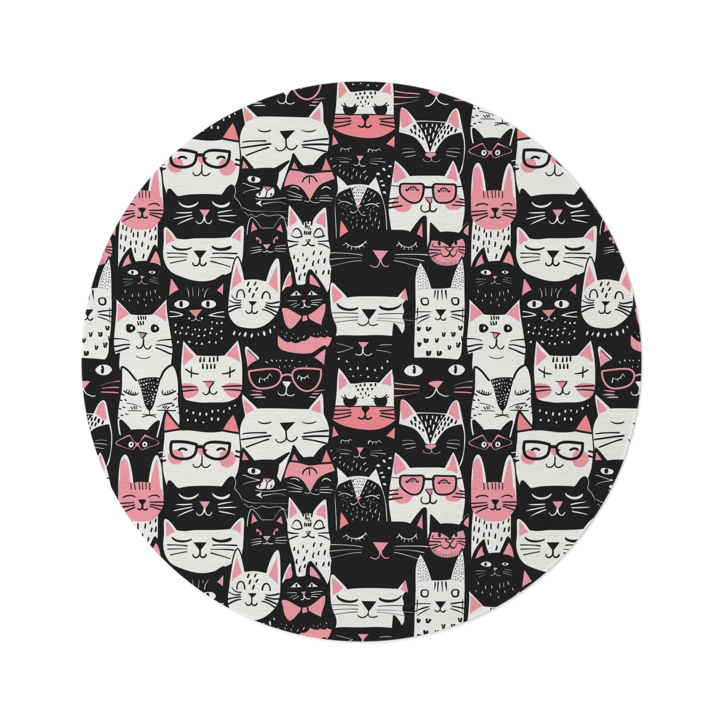 Whimsical Cat Faces Round Rug,  Playful Black, White, and Pink Design , 60" Chenille Decorative Rug