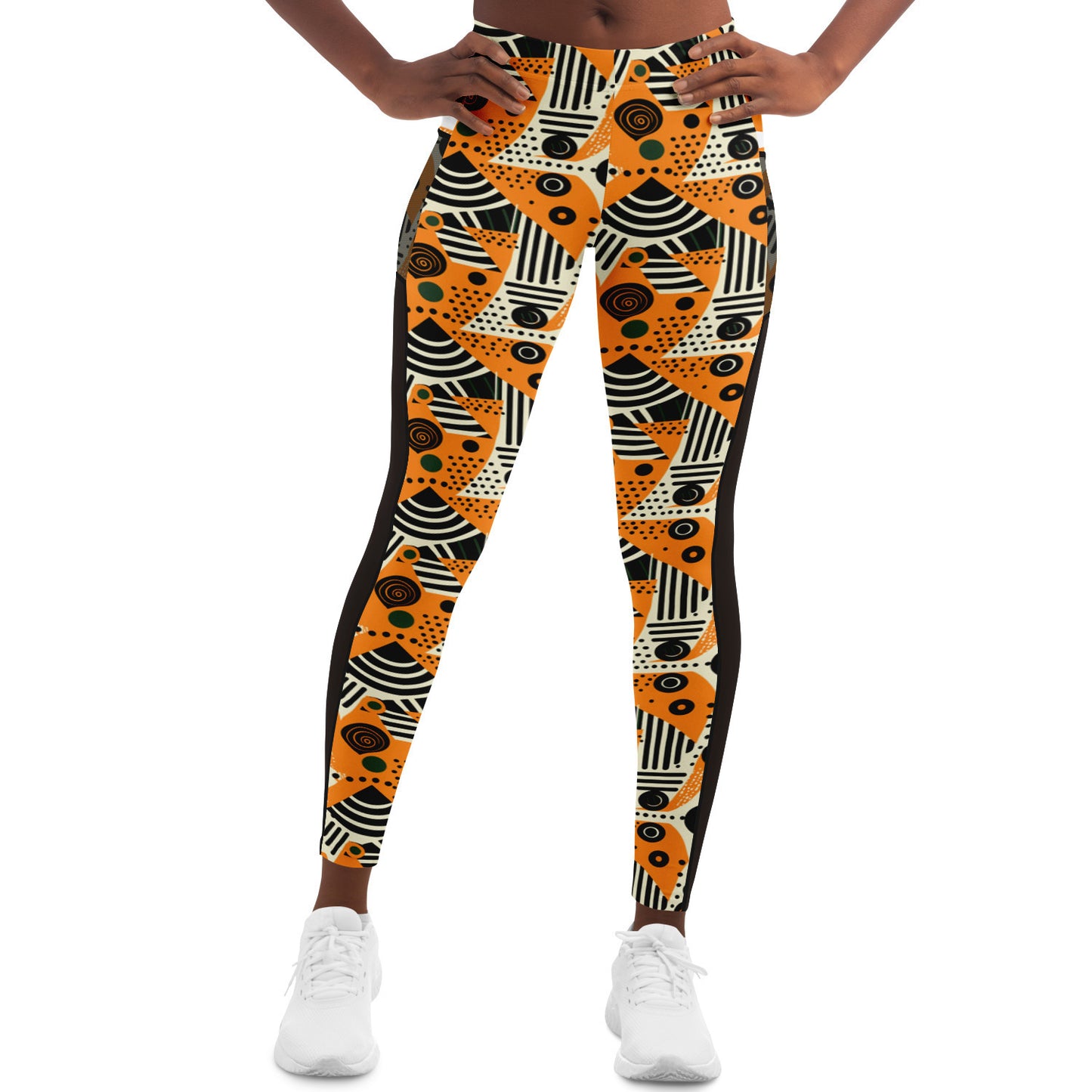 African Print Totem & Circles Mesh Pocket Leggings