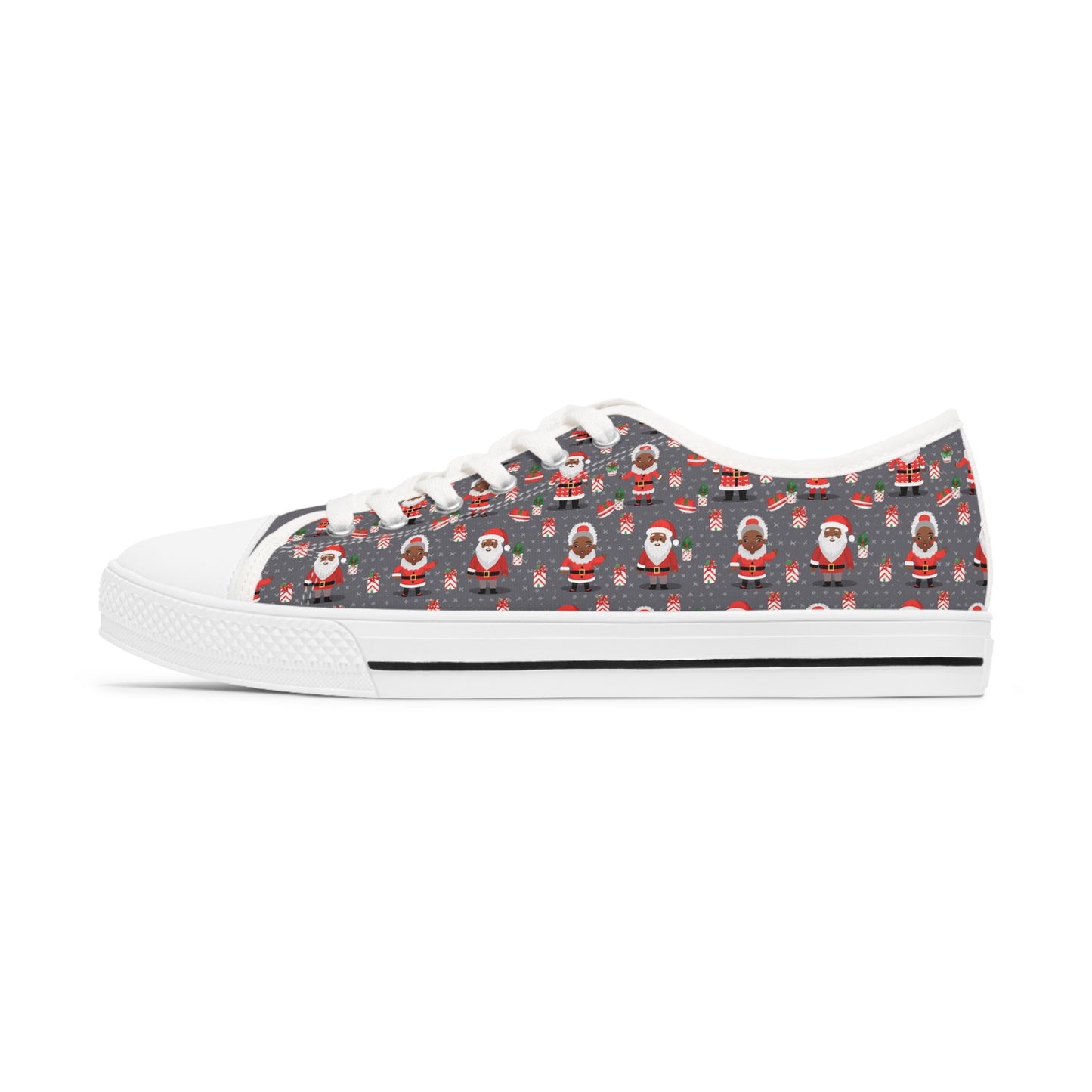 Black Santa & Mrs Claus Grey Christmas Low Top Tennis Shoes,  Unique Women's Holiday Sneakers